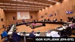 European leaders take part in an informal meeting on October 5 on the eve of the the Western Balkans summit in Brdo Pri Kranju, Slovenia. 