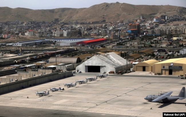 A view of Kabul Military Airport where AC 208 combat caravan aircraft were parked on July 7.