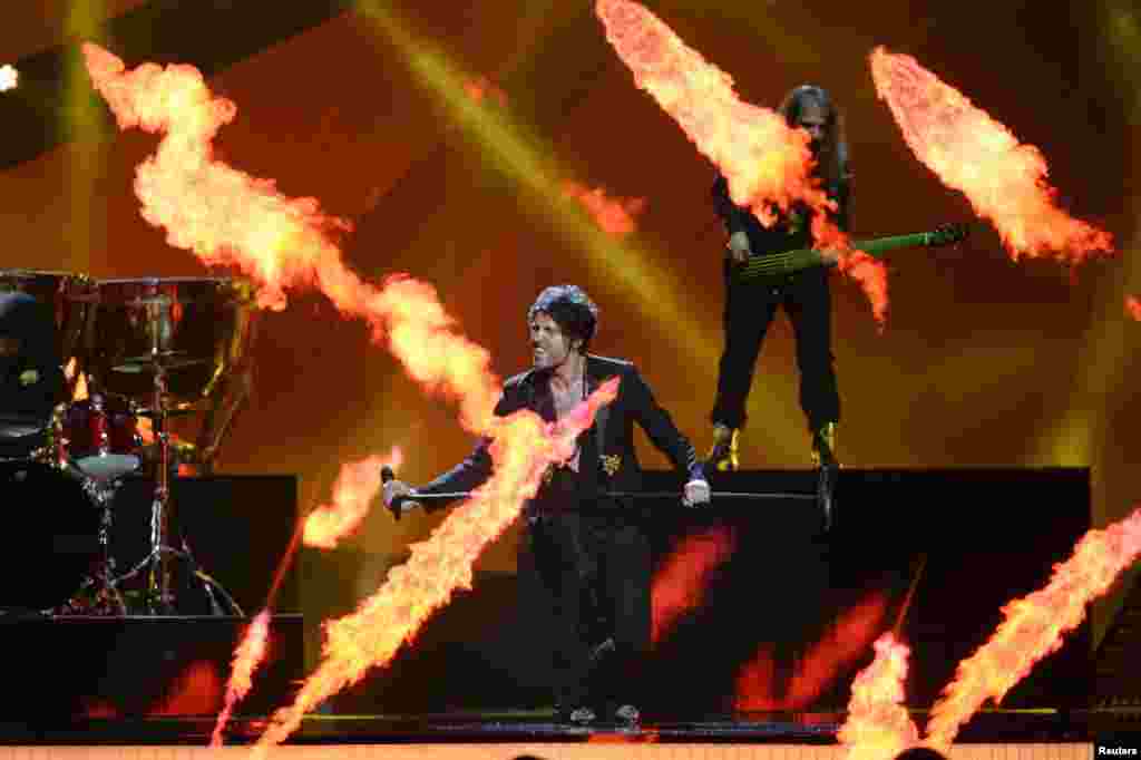 Albania's Adrian Lulgjuraj and Bledar Sejko perform during dress rehearsals for the second semifinal at the 2013 Eurovision Song Contest in the Malmo Opera Hall in Sweden on May 15. (Reuters/Khalil Ashawi)