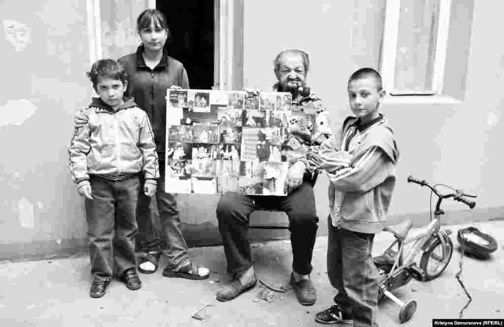 The youngest pose with the oldest. Jan Batiy, 82, the uncle of Jana Cinova, proudly shows a collage of family photos. Before he settled in Prague in the 1950s, he used to trade cattle in Slovakia. He later worked at the main train station in Prague.