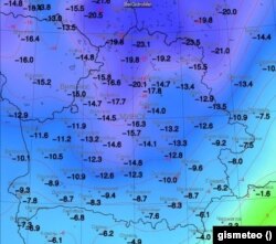 Мапа тэмпэратур у Беларусі ў ноч на 8 сьнежня