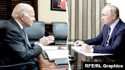 американскиот претседател Џо Бајден и рускиот претседател Владимир Путин на средба преку видео повик, КОЛАЖ