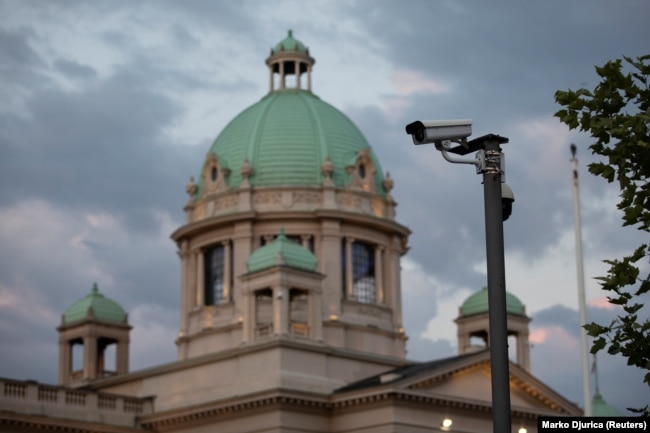 A surveillance camera in front of the Serbian parliament in Belgrade