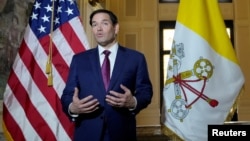 US Secretary of State Marco Rubio speaks to the media during a previous visit to the Holy See in Rome last year.