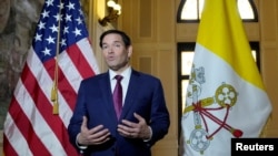 US Secretary of State Marco Rubio speaks to the media during a previous visit to the Holy See in Rome last year.