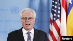 U.S. -- Russian ambassador to the UN, Vitali Churkin, speaks following an emergency meeting of the UN Security Council regarding tensions between North and South Korea at the UN Headquarters in New York, 19Dec2010