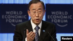 UN Secretary-General Ban Ki-moon pictured speaking at an economic conference in Switzerland last month.