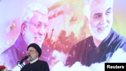 Iranian President Ebrahim Raisi gives a speech during a ceremony to mark the third anniversary of the killing of senior Iranian military commander General Qassem Soleimani in a U.S. attack, in Tehran on January 3.