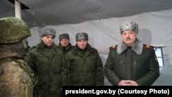 Belarusian President Alyaksandr Lukashenka is seen visiting troops in the Brest region on January 6.