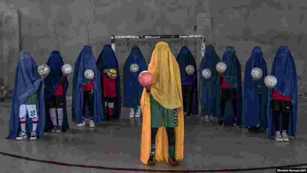 The Taliban have also banned women from participating in sports, forcing many to go underground, such as these members of a women&#39;s soccer team photographed in Kabul in September 2022.