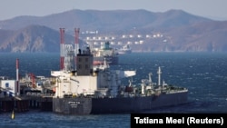 An oil tanker is seen anchored at the Kozmino terminal near the Russian port city of Nakhodka in December 2022. 