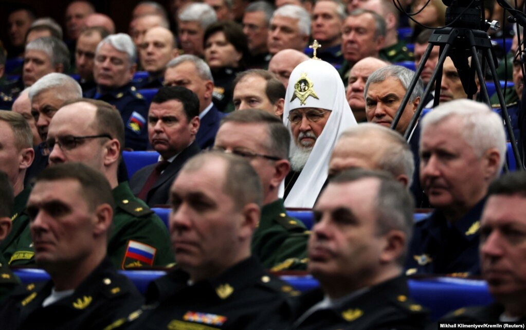 Московський патріарх Кирило (Гундяєв) на засіданні колегії Міністерства оборони Росії. Москва, 21 грудня 2022 року