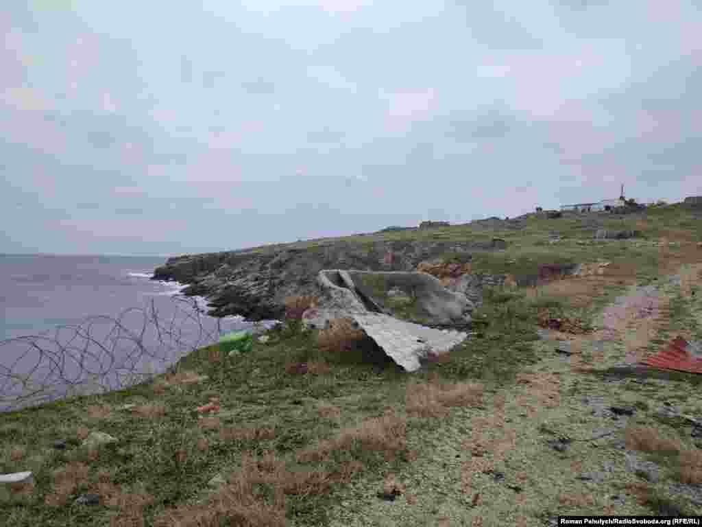 A rudimentary defense post on the island&rsquo;s rocky coastline. Snake Island is located just 35 kilometers from the Ukrainian mainland, meaning occupying Russian forces could be relentlessly targeted with fire from drones and rocket artillery.