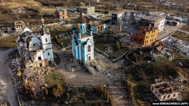 An aerial photograph of the destroyed village of Bohorodychne in the Donetsk region earlier this month.