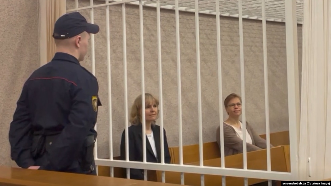 Lyudmila Chekina (left) and Maryna Zolatava in court in Minsk on January 9.