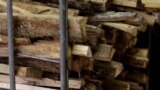 Challans, France -- Close-up of a stack of chopped firewood in a bakery