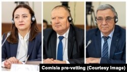 Candidați la funcțiile de membri ai Consiliului Superior al Magistraturii, de la stânga la dreapta judecătorii Aliona Miron, Stanislav Sorbalo și Vasile Șchiopu