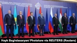 ARMENIA - The leaders of Russia, Armenia and other CSTO member states pose for a photograph during a summit in Yerevan, November 23, 2022. 