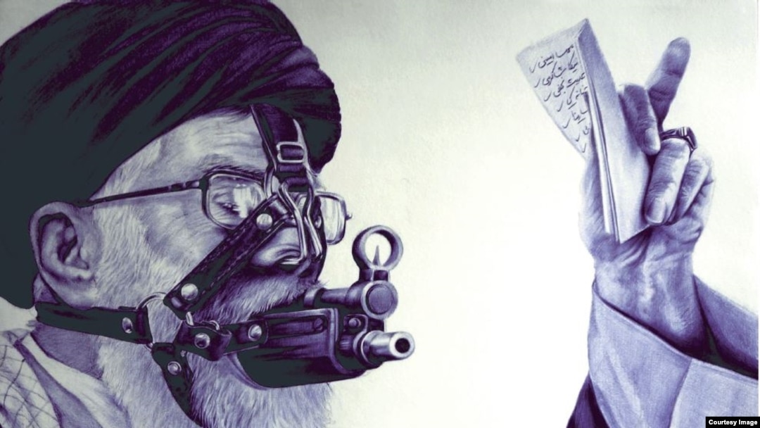 An entry in the Charlie Hebdo cartoon competition on Iran by the artist Ebrahim, an Iranian refugee in Turkey, depicts Ayatollah Ali Khamenei.