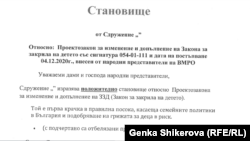 В становището липсва името на сдружението. На местата в текста, където би трябвало да се постави, има само кавички