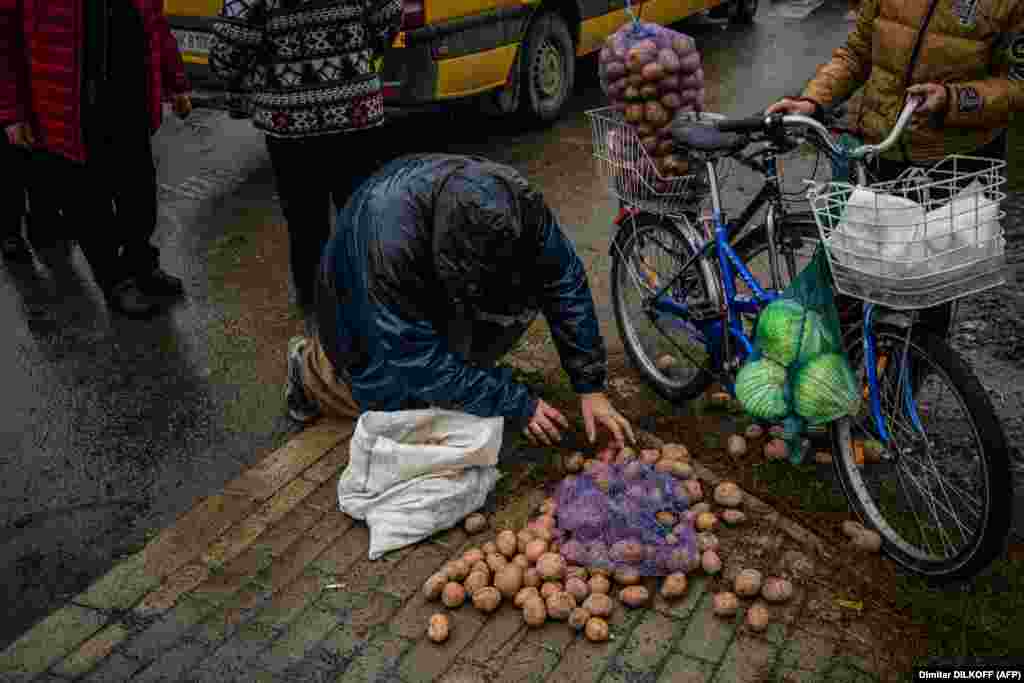 A resident collects potatoes that spilled after receiving them as humanitarian aid in Svyatohirsk. Authorities in Ukrainian-controlled areas have urged all remaining residents to evacuate and warned that gas and water services in many areas will likely not be restored by winter.