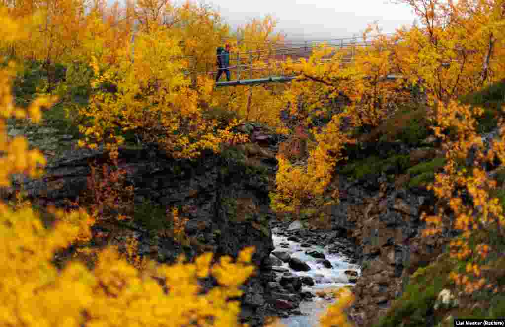 Një person duke kaluar nëpër një urë mbi një përrua, gjatë vjeshtës në Lapland, afër Abiskos, në Suedi, më 13 shtator.