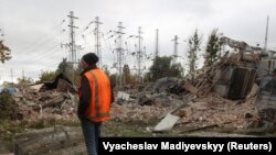 Stație electrică parțial avariată de atacurile rusești cu rachete și drone, regiunea Harkov, Ucraina, octombrie 2022. 