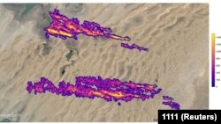 Imaging of 12 plumes of methane east of Hazar, Turkmenistan, captured by NASA's orbital imaging spectrometer. REUTERS 