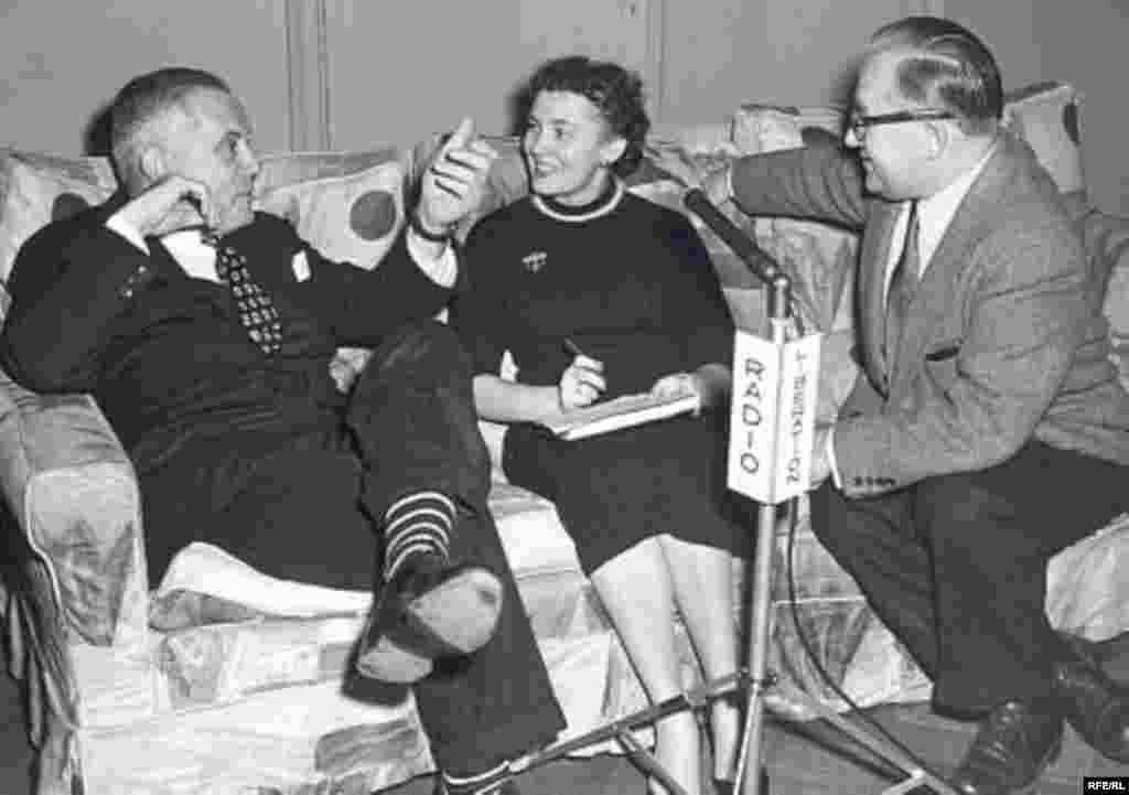 Composer Vernon Duke (Vladimir Dukelsky) is interviewed by Radio Liberty correspondents Viktoriya Semenova (center) and Michael Koryakov (right) in a studio in Munich in 1955. 