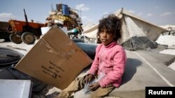 An internally displaced Syrian girl who fled Raqqa city sits inside a camp in Ain Issa. (file photo)