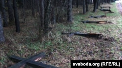 The destruction of crosses at a monument to the victims of Stalin-era repression in Kurapaty, Belarus