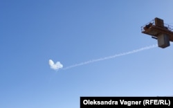 Smoke in the sky above Odesa after a rocket destroys a Russian drone