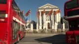 Skopje, North Macedonia -- Buses parked in protest in front of the government headquarters in Skopje