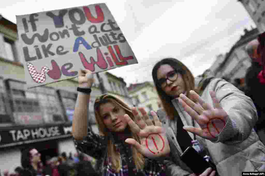 Students at the protest in Budapest. A government decree in February drastically reduced the right of teachers to strike.&nbsp;