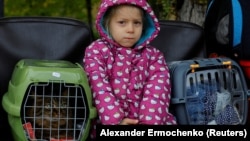 A girl sits between pet carriers as civilians evacuated from the Russian-controlled city of Kherson wait to board a bus heading to Crimea on October 22.