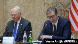U.S. Ambassador to Serbia Christopher Hill and Serbian President Aleksandar Vucic in Belgrade on October 31, 2022.