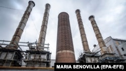 An exterior view of an electric power plant partially damaged during shelling by Russian forces in Kharkiv in October 2022.