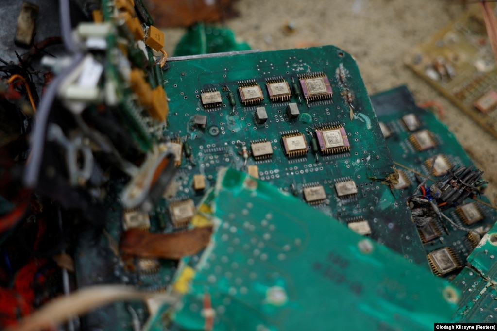 Ukraine's military displays circuit boards from a Kalibr missile used by Russian forces that a Ukrainian munitions expert said did not explode on impact in the Kharkiv region in October 2022.