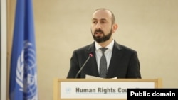 Switzerland - Armenian Foreign Minister Ararat Mirzoyan speaks during a s session of the UN Human Rights Council, Geneva, February 24, 2025.