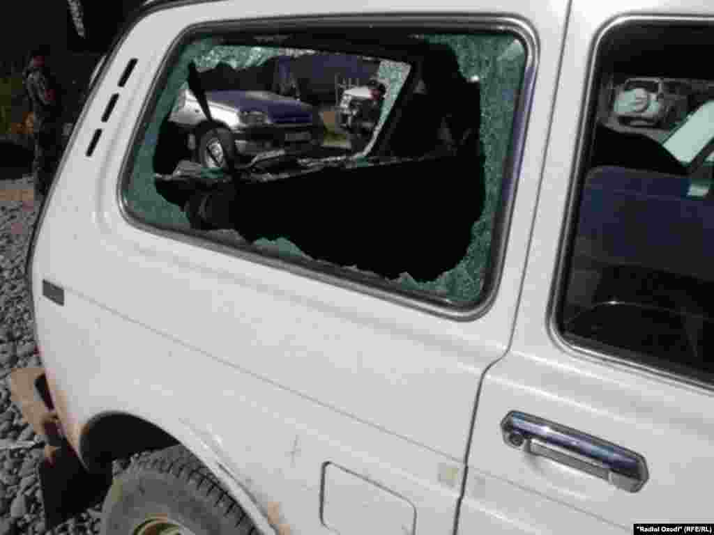 The car of the Tajik police after escape of the attack when 4 policmen killed.