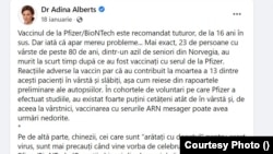 Adina Alberts a preluat, de la declanșarea pandemiei, o serie din narativele Chinei sau Rusiei legate de efectele nocive pe care le au vaccinurile dezvoltate pe tehnologia ARN