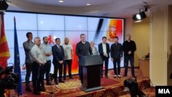 Лидерот на ВМРО -ДПМНЕ, Христијан Мицкоски на прес -конференција по првиот круг од локалните избори 2021 година