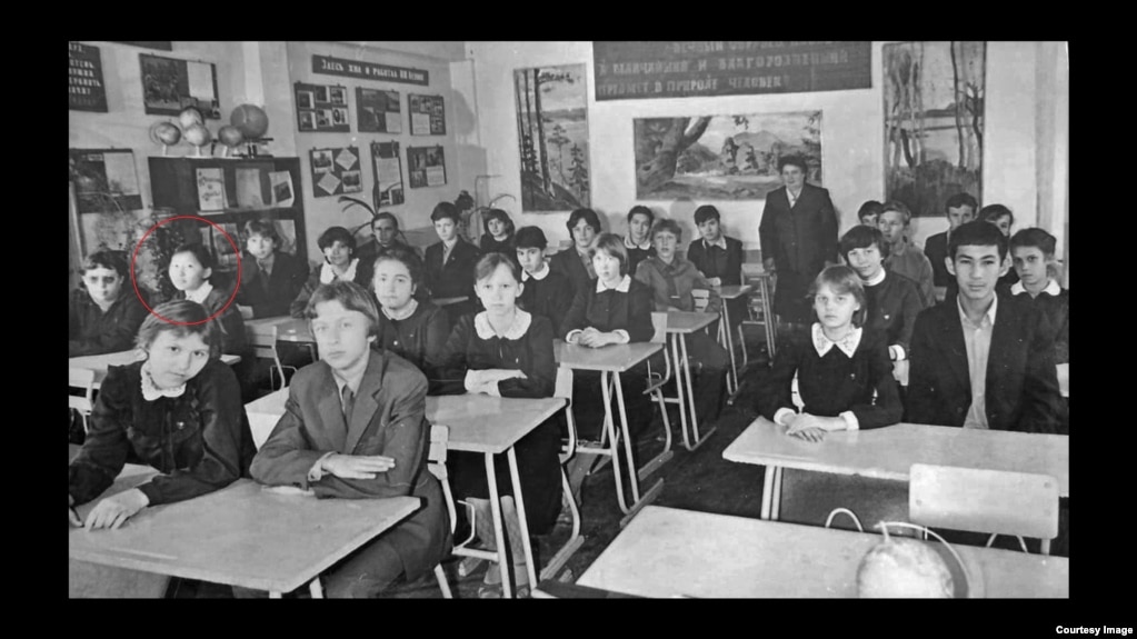 Omarova (circled at left) is seen in a school photo from Oral in the late 1970s or early '80s.