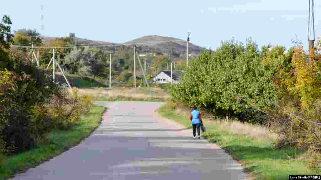 Женщина идет по дороге из Некрасовки в Тенистое, между селами всего около 200 метров