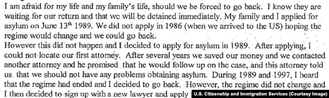 An excerpt from Mr. X's U.S. asylum application submitted in 2004 in which he suggests he may have returned to Iran during the period in which Farrokhzad was murdered in Bonn.