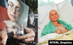 Анна Политковская (фото на мемориале) и Александр Литвиненко (в лондонской больнице незадолго до смерти)