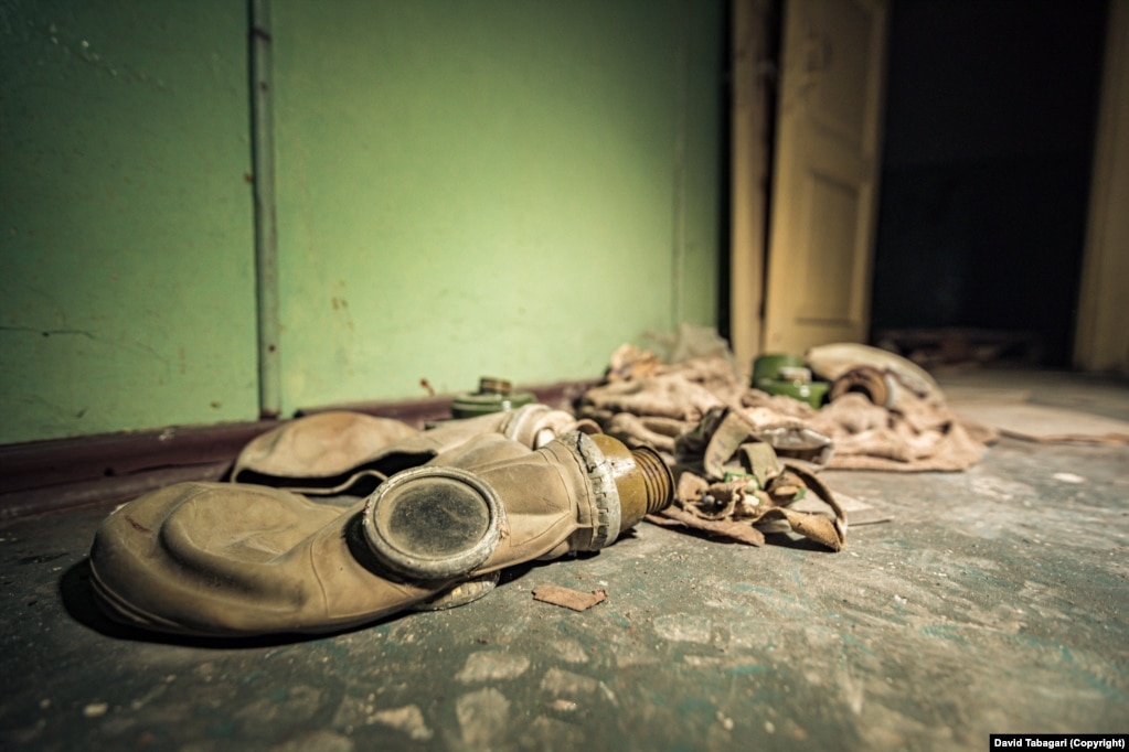 A GP-5 gas mask. The masks were distributed in most nuclear fallout shelters in the Soviet Union.
