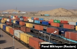 Trains loaded with containers at the Altynkol railway in Kazakhstan along its border with China.