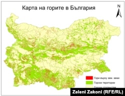 Карта на горите в България, изготвена от неправителствената организация "Зелени закони", показва в червено земеделските земи, върху които има гори. Вижда се, че голяма част от тях са в планините Рила и Родопи
