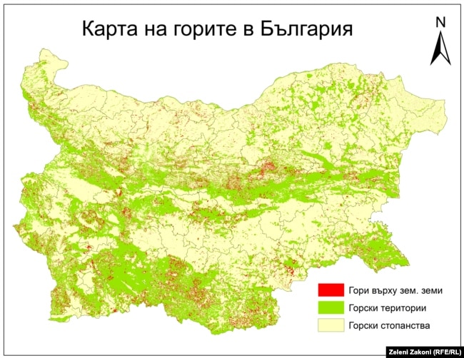 Карта на горите в България, изготвена от неправителствената организация "Зелени закони", показва в червено земеделските земи, върху които има гори. Вижда се, че голяма част от тях са в планините Рила и Родопи